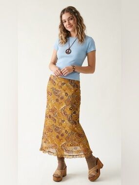 Vintage Selene Sport Mustard Floral Paisley Pattern Maxi Skirt 70s Vibes